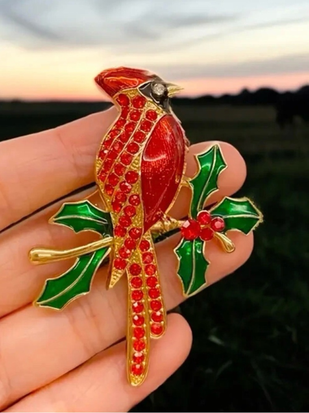 Mint Red Cardinal Brooch with Green Holly Accents
